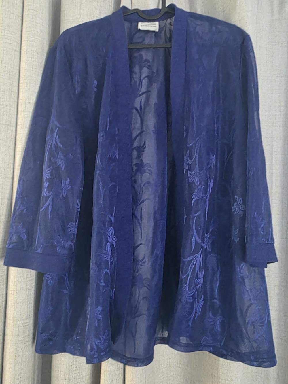 R & M Richards Sheer Floral Jacquard Open Front Jacket - Blue